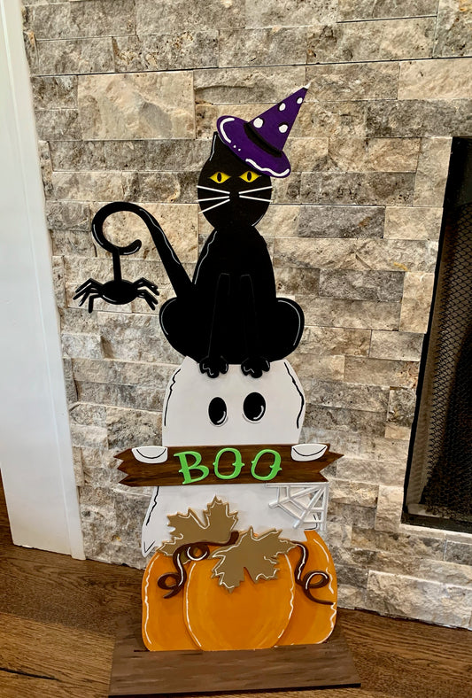 Pumpkin, Ghost and Black Cat Halloween Porch Sign