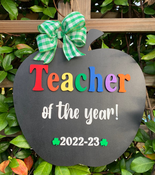 Rainbow "Teacher of the year" Apple Door Hanger w/bow